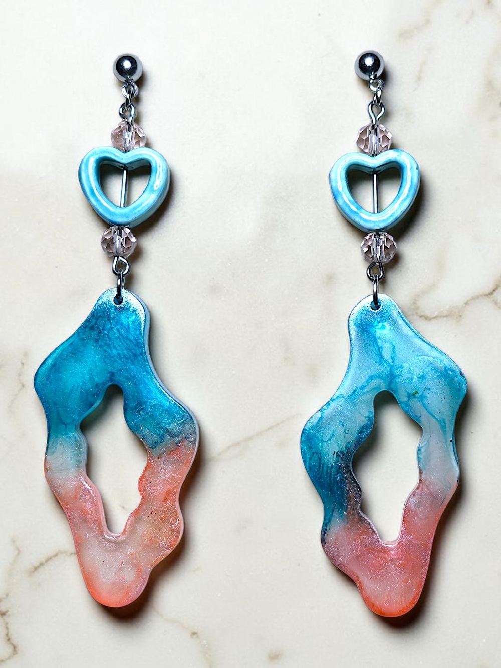 Tropical Ombre Abstract Resin Drop Earrings | Teal & Peach with Glass Beads